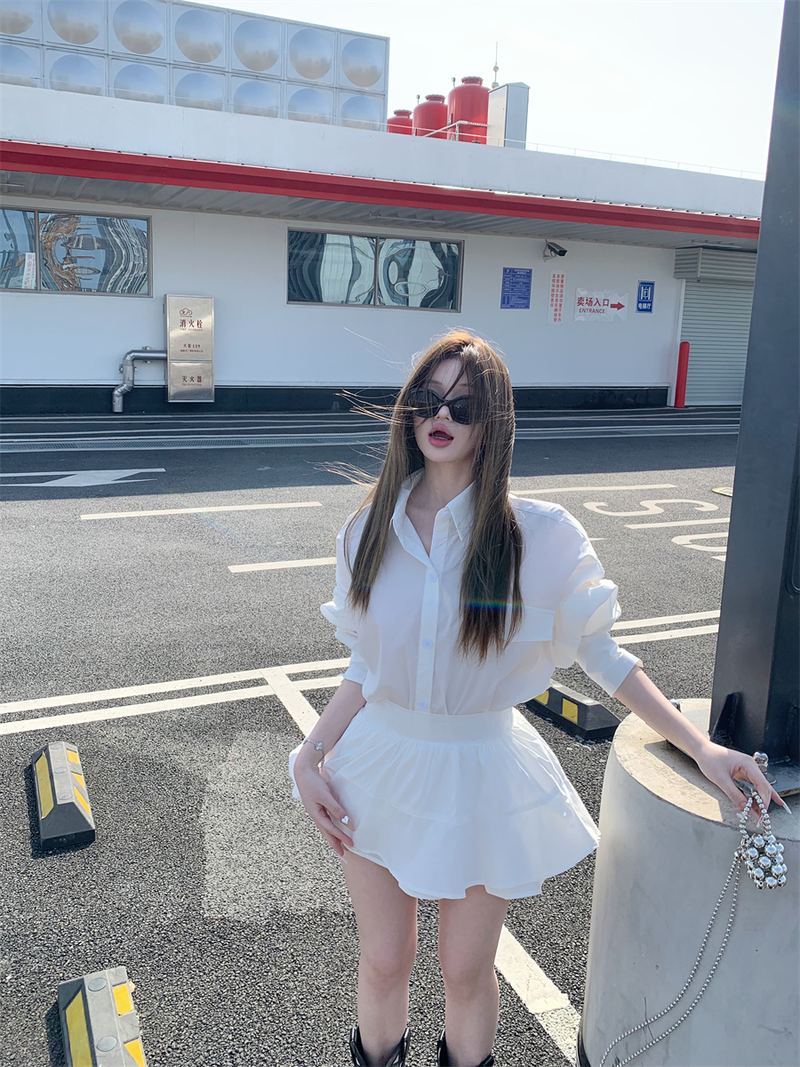 LN19218# 韩系白色衬衣上衣干练气质套装夏高腰半裙两件套 服装批发女装批发服饰货源