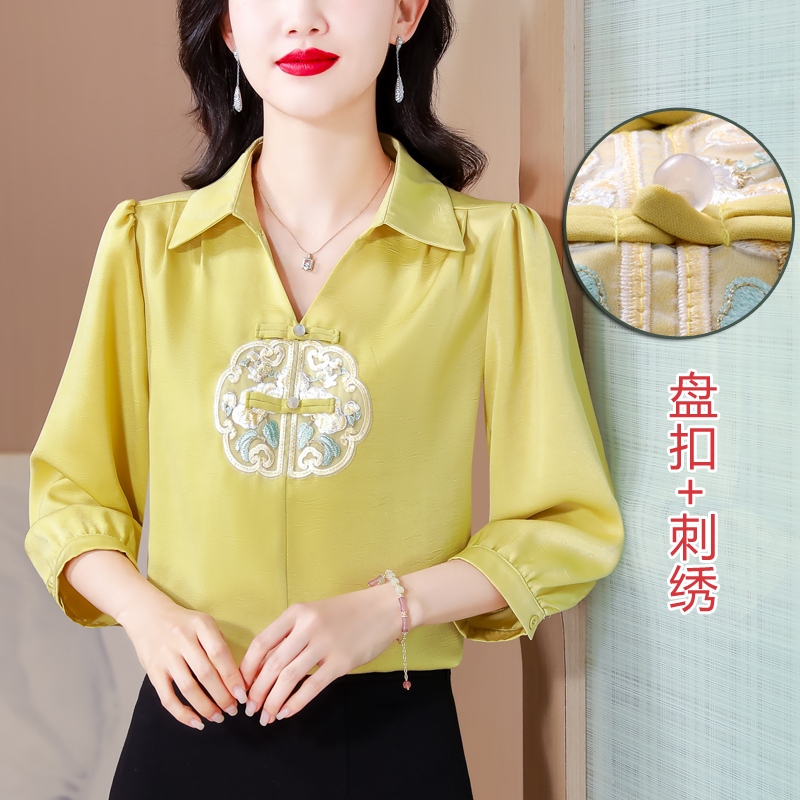 PF19833# 中式国风刺绣缎面衬衫女高级感衬衣2024春夏季新款时尚设计感上衣女裝貨源服裝批發