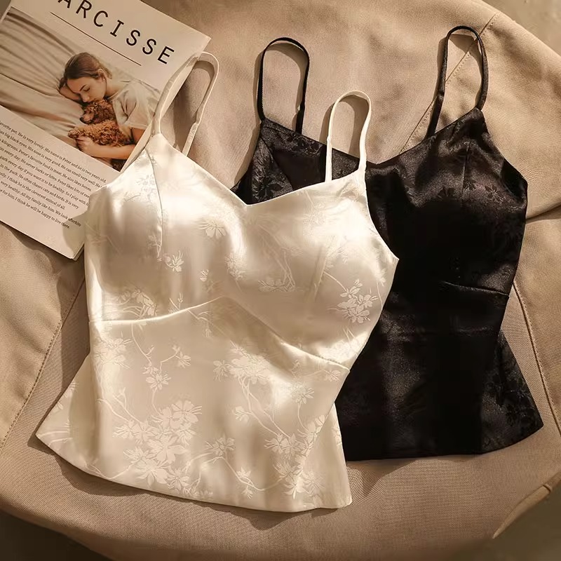 MY1121# 新中式抹胸上衣法式印花缎面吊带背心女夏外穿新款美背带胸垫女裝貨源服裝批發