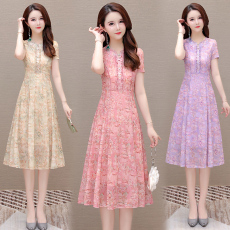 批发实拍有货 2026夏季新款短袖连衣裙<b class='q'>妈妈装</b>收腰显瘦洋气遮肚大摆裙