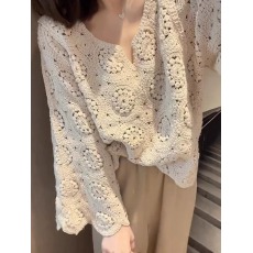 批发原版韩系镂空<b class='q'>针织衫</b>女春夏新款时尚宽松慵懒风钩花上衣套头<b class='q'>罩衫</b>潮