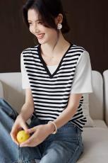 XWI/欣未假两件黑白条纹短袖T恤女夏季新款通勤简约休闲显瘦上衣