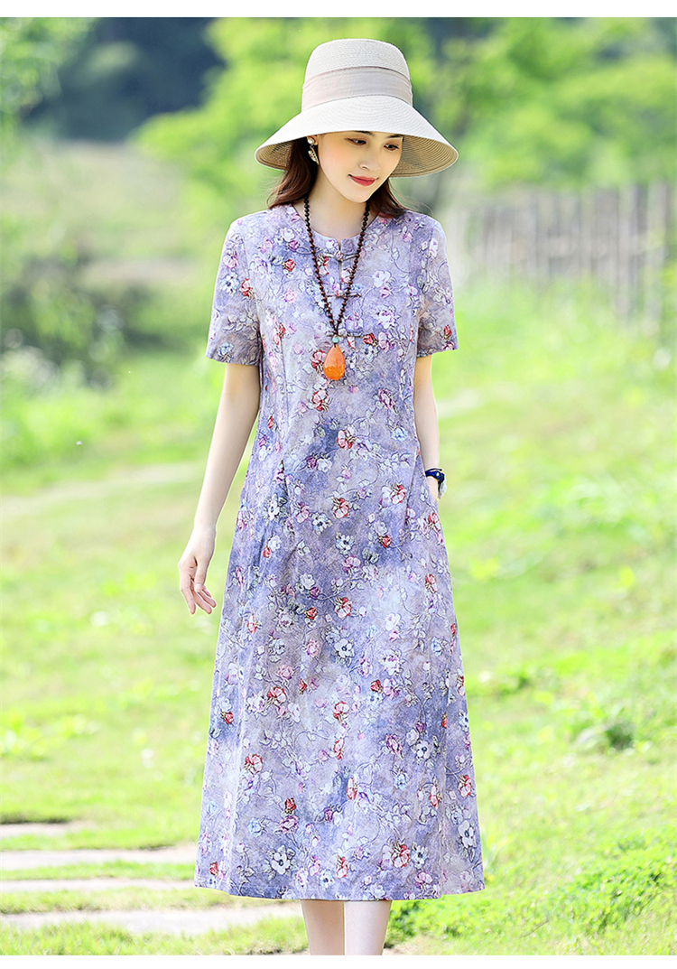 碎花连衣裙棉麻短袖苎麻女装中长款气质显瘦亚麻裙子夏季2024新款