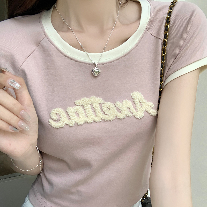 PF8544#粉色纯棉正肩短袖t恤女夏季设计感小众字母印花短款上衣女裝貨源服裝批發