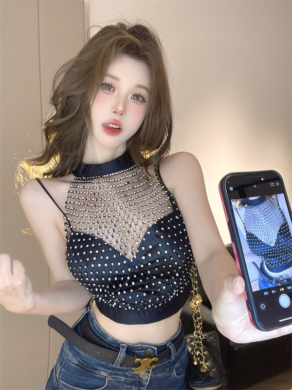 실사 여름 라운드 넥 다이아몬드 세팅 패치워크 홀로우 아웃 레이스 풀오버 조끼 경기 섹시함 포장 가슴 슬립 외국 가스 투피스 세트