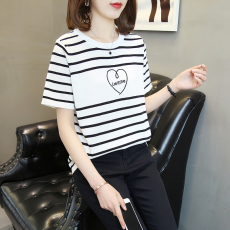 批发实拍 2026春夏圆领桃心刺绣黑白<b class='q'>条纹</b>冰丝针织衫女宽松打底冰丝T恤