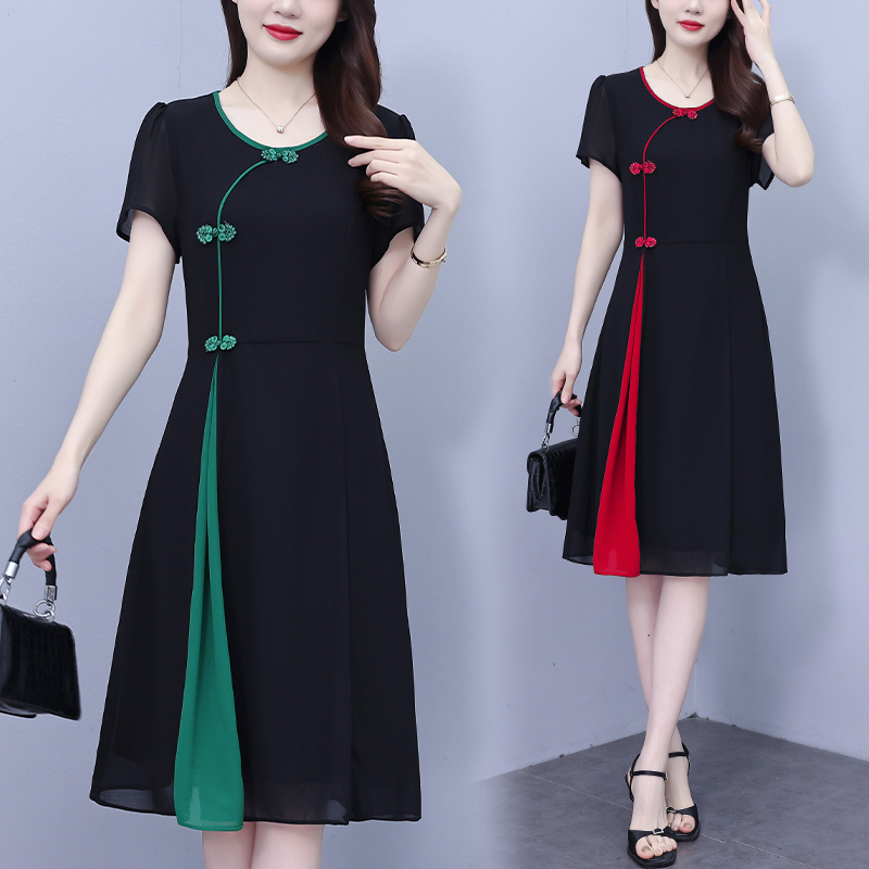 MY3592# 夏季新款大码女装复古拼接雪纺连衣裙女裝貨源服裝批發