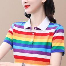 批发条纹短袖t恤女士纯棉翻领2024新款夏中年妈妈有领上衣带领polo衫