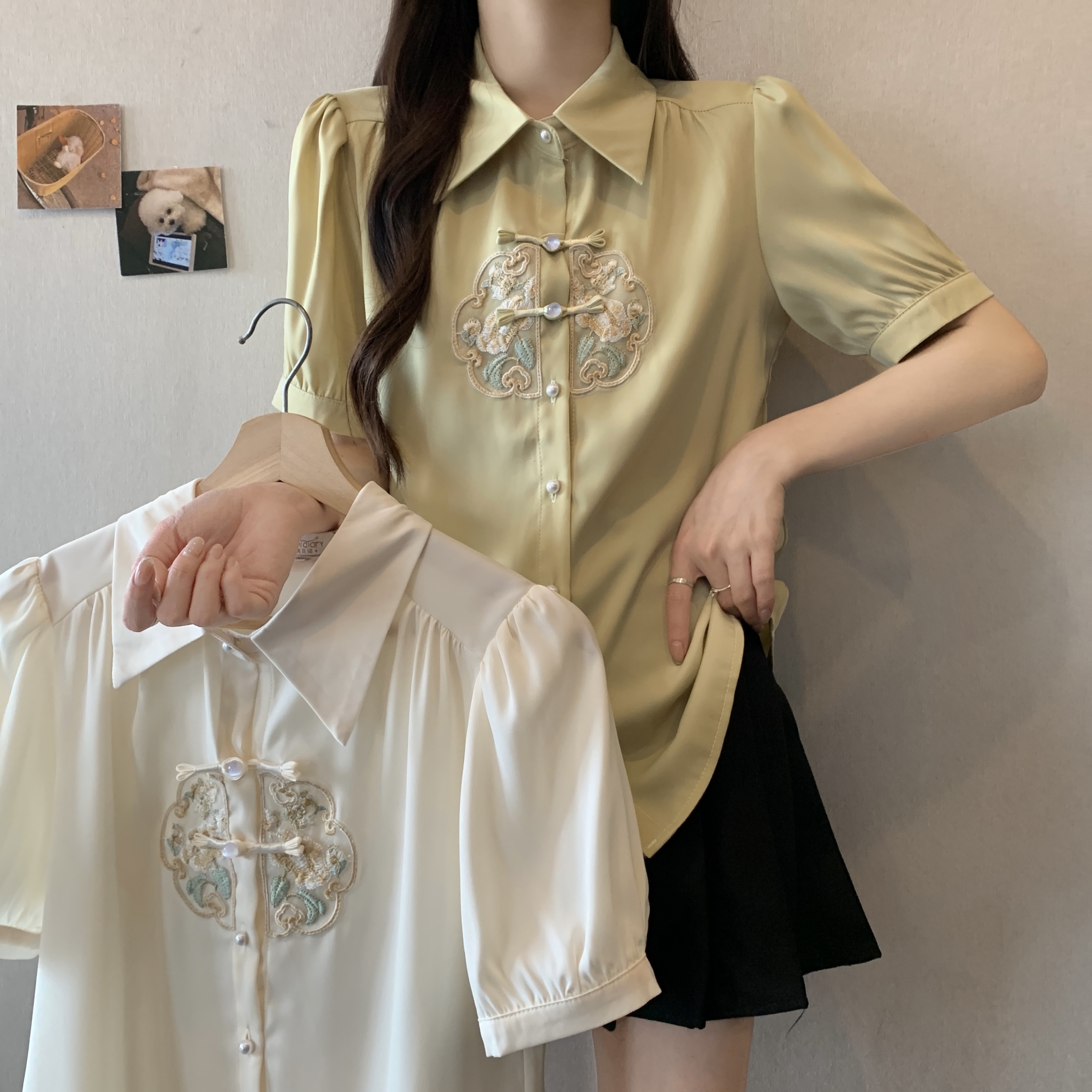 MY7457# 夏款大码女装新中式时尚高级感百搭衬衫刺绣显瘦国风上衣女裝貨源服裝批發