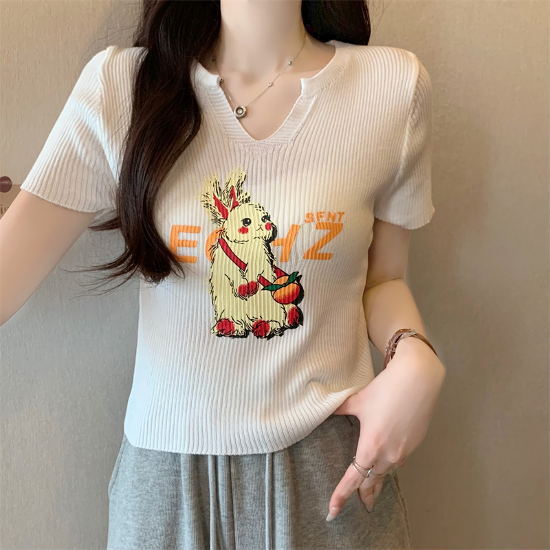 PF5750#夏季新款韩版修身显瘦小V领卡通兔兔印花针织上衣女女裝貨源服裝批發