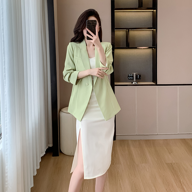 Real shot of summer high-end blazer with pleated sleeve design + waist slimming suspender skirt suit