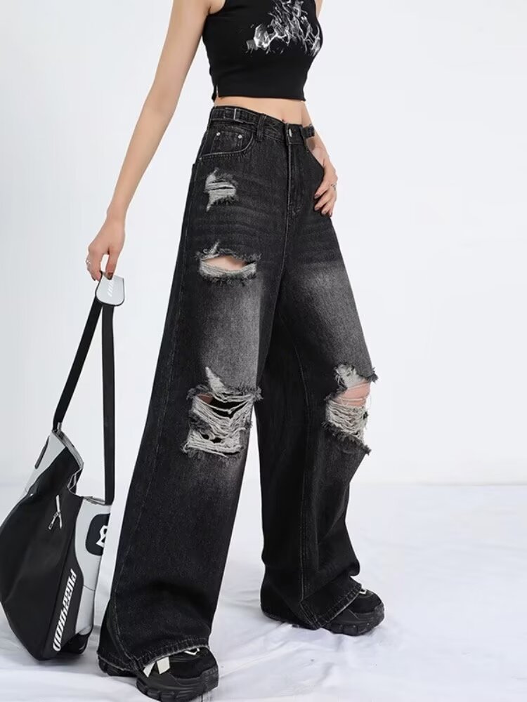 American high street washed retro straight ripped jeans trendy summer new casual pants for men and women