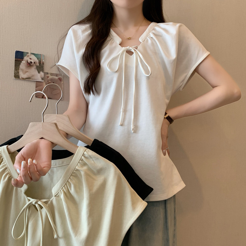 PF16560# 大码女装胖mm夏装设计感蝴蝶结系带V领飞飞袖上衣显瘦短袖T桖女裝貨源服裝批發