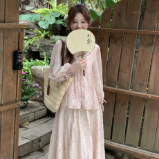 2024早春季新款茶歇法式粉色衬衫连衣裙子新中式国风女装套装长裙