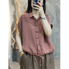 批发复古纯色简约落肩袖翻领亚麻<b class='q'>衬衫</b>女夏季通勤下摆抽绳宽松显瘦开衫