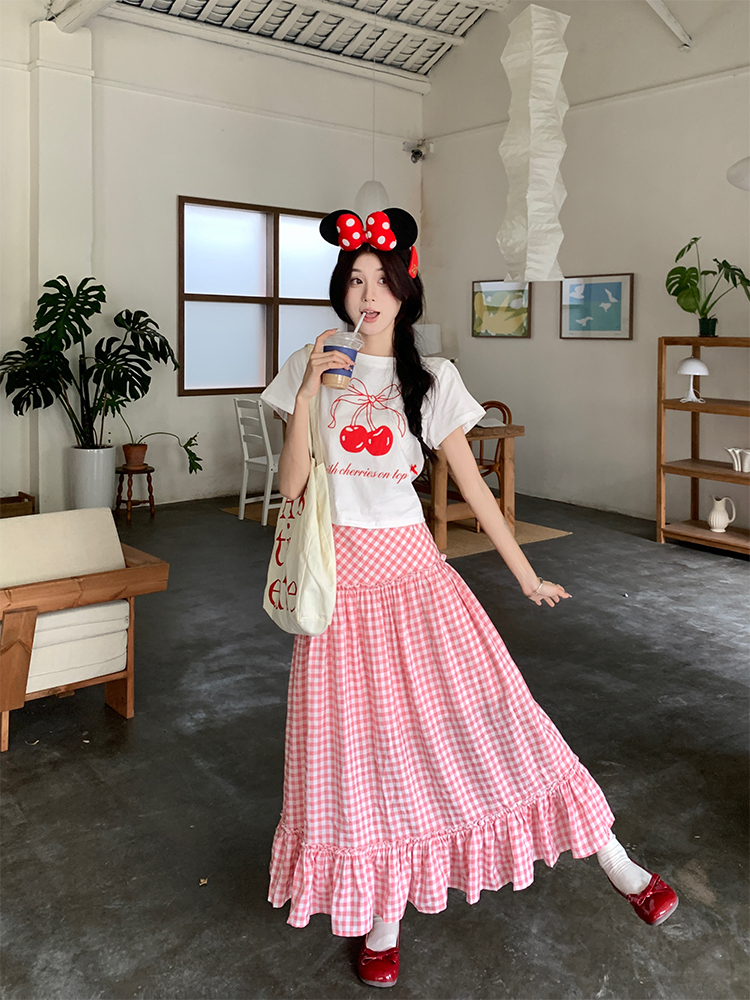 LN20131# 韩chic夏人手一件樱桃T恤+百搭粉格子半身裙 服装批发女装货源服饰批发