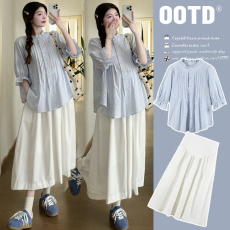 批发2026孕妇春<b class='q'>夏</b>温柔系炸街奶乖套装泡泡袖宽松气质衬衫＋半身裙套装