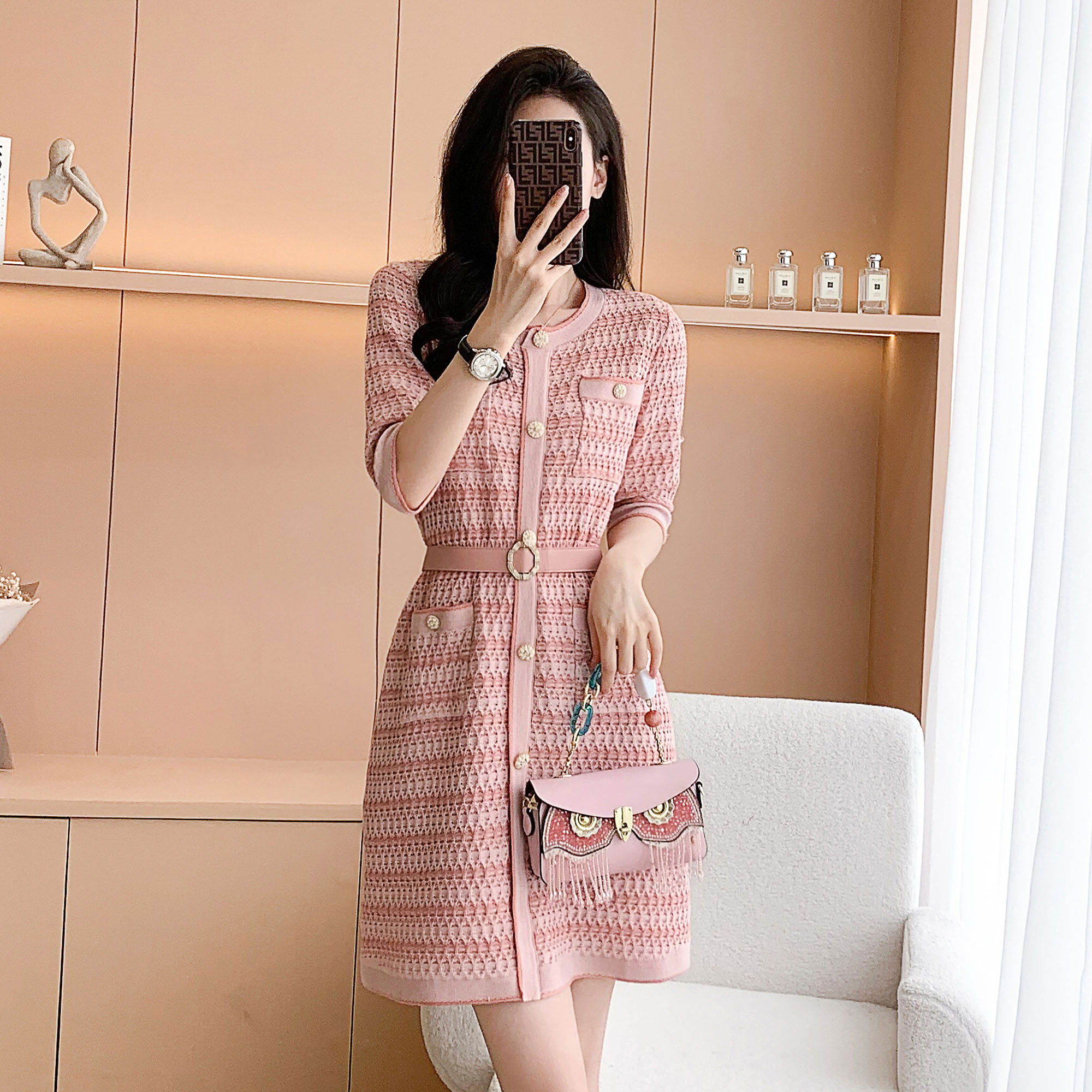 LN29945# 法式小香风连衣裙女夏季新款收腰显瘦名媛气质高级感粉色裙子