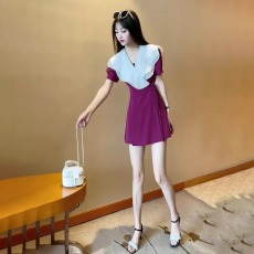 批发撞色荷叶领一片式裙子<b class='q'>短裤</b>显瘦套装女法式收腰连衣裙女装两件套