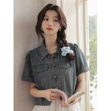 批发新中式国风盘扣短袖牛仔衬衫女夏季2026新款气质短外套休闲上衣