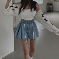 批发现 高腰阔腿穿绳系带大裙摆显腿长<b class='q'>休闲</b>辣妹牛仔裙裤短裤