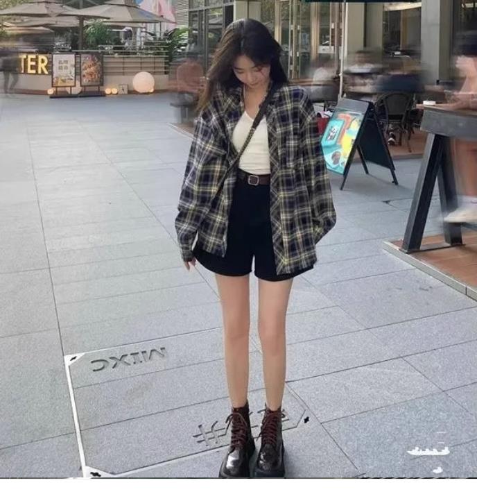 Power style plaid shirt women's lazy style retro loose shirt cardigan coat long-sleeved top spring and autumn