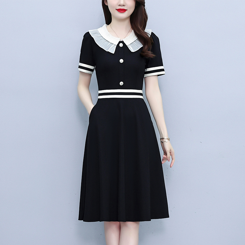 RY2365# 实拍小香风娃娃领连衣裙女2026夏季新款气质黑色短袖收腰显...