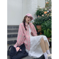 批发韩系温柔粉色格子长袖衬衫女2024春<b class='q'>夏</b>新款学院慵懒风格纹衬衣外套