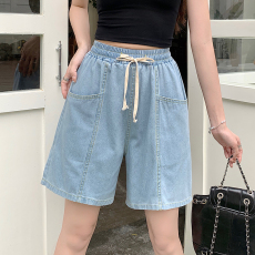 批发实拍甜酷风夏季抽绳高腰五分<b class='q'>牛仔</b>短裤女宽松显瘦设计感直筒中裤潮