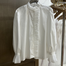 批发韩国东大门2025秋季新款减龄纯色甜美花边拼接系扣<b class='q'>长袖</b>衬衫女上衣