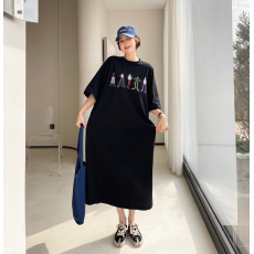 批发仿棉牛奶丝# 韩系<b class='q'>欧美风</b>慵懒短袖T恤裙中长款开叉<b class='q'>连衣裙</b>女