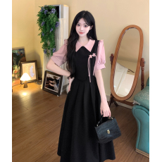 批发大码女装法式气质粉色拼接连衣裙女2026新款夏季胖mm遮肚显瘦长裙