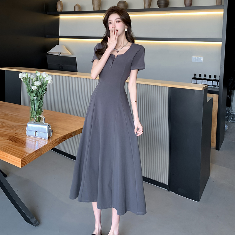 실사 고급 센스 차 휴식 프랑스식 레트로 반팔 여성 드레스 여름 몸매 가꾸기 슬림해 보이는 롱 코트 품격 길다 치마