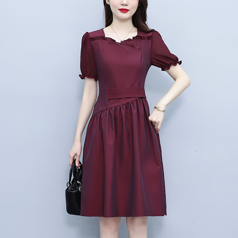 PF5357#宽松连衣裙女装裙子显瘦气质时尚短袖收腰减龄洋气红色2024年...