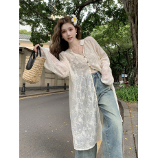 批发实拍 大码宽松显瘦刺绣中长款提花防晒外套上衣女