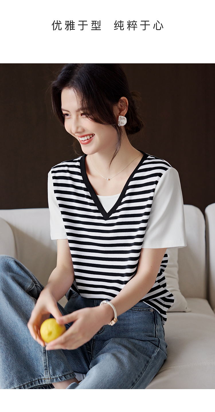 xwi/欣未假两件黑白条纹短袖t恤女夏季新款通勤简约休闲显瘦上衣-3271