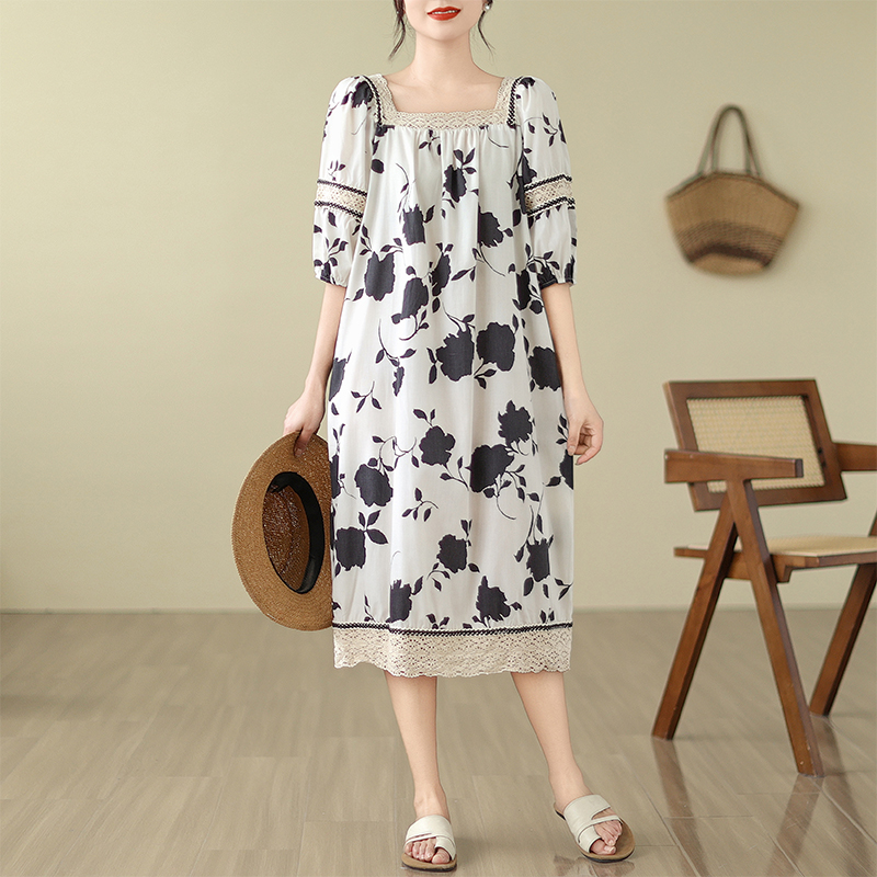 MY4975# 夏装大码女装胖MM时尚宽松印花蕾丝拼接中长款连衣裙M-4XL200斤女裝貨源服裝批發