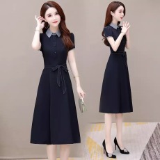 批发高级感<b class='q'>中年</b>妈妈<b class='q'>连衣裙</b><b class='q'>女</b>夏季高档显瘦短袖收腰垂感抗皱减龄中长<b class='q'>裙</b>