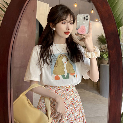 있음 선적 대외 무역 작은 대중 화이트 반팔 티셔츠 여성 의류 여름 새로운 한 바람 chic 루즈핏 맨위 서비스 ins 트렌디