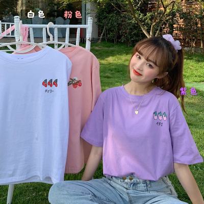 있음 선적 대외 무역 소녀 센스 여름 새로운 한국 스타일 루즈핏 인터넷 유명인 주황색 프린트 반팔 티셔츠 맨위 학생