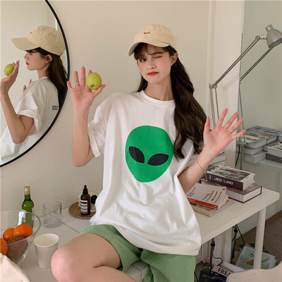 있음 선적 여름 새로운 프린트 검정색 반팔 루즈핏 한국 스타일 라운드 넥 커플 반소매 다용도 티셔츠 여성 트렌디