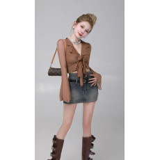 批发官图#弹力涤安曼网纱薄款衬衫V领复古轻熟法式短款长袖上衣