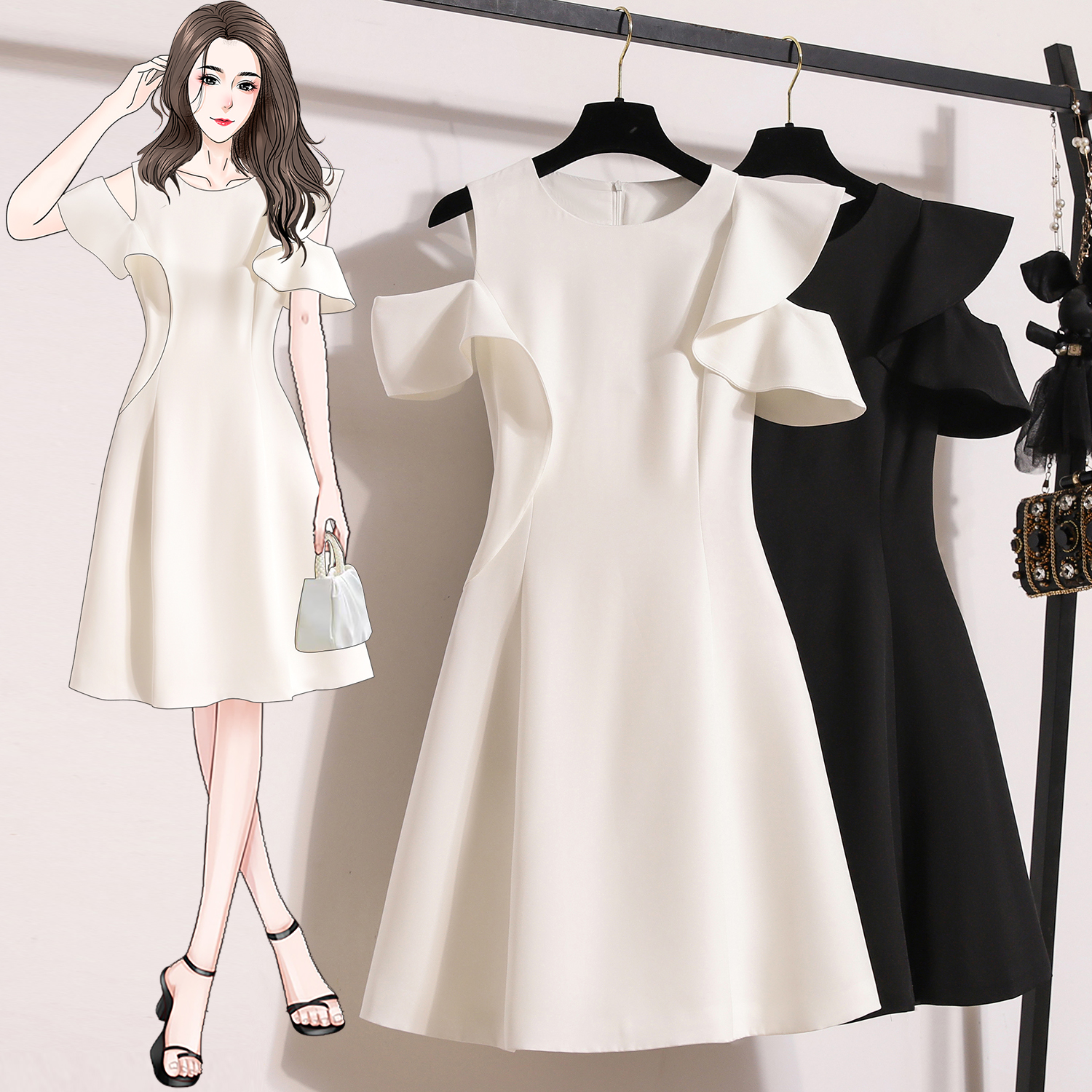 MY14838# 大码连衣裙女夏季新款收腰显瘦气质荷叶边礼服裙淑女女裝貨源...