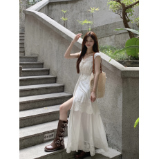 批发实拍~甜美蕾丝拼接刺绣收腰显瘦开叉V领蛋糕连衣裙长裙