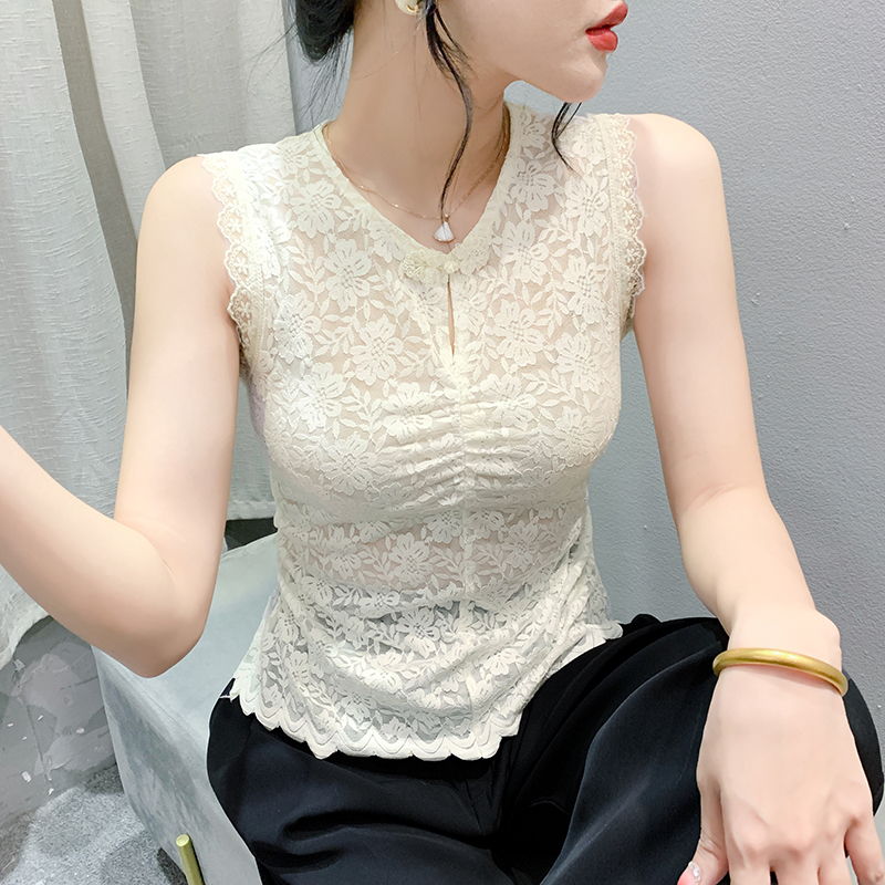 PF5247#新中式国风时尚圆领蕾丝背心修身显瘦百搭气质无袖上衣女裝貨源服裝批發