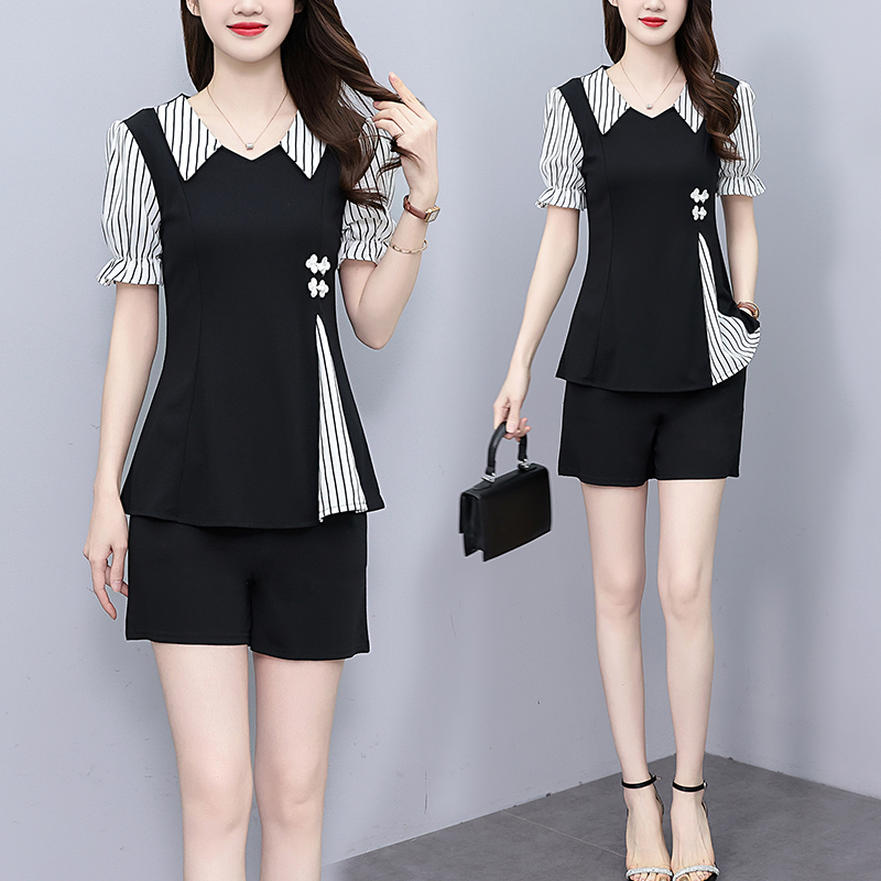PF5263#夏季新款胖mm韩版时尚气质拼接短袖套装修身显瘦两件套女裝貨源服裝批發