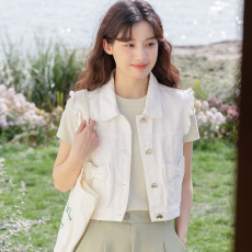 批发实拍2025春季新款甜美木耳边蝴蝶结牛仔马甲女短款宽松小个子上衣