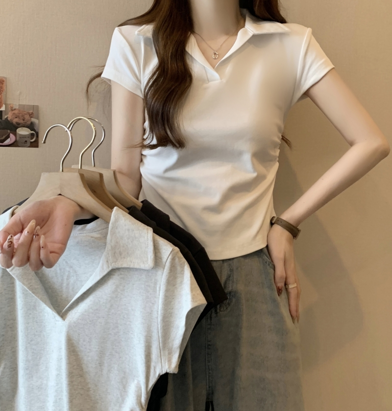 PF5077#40支纯棉 2024夏装polo领收腰设计感小短袖T恤女女裝...