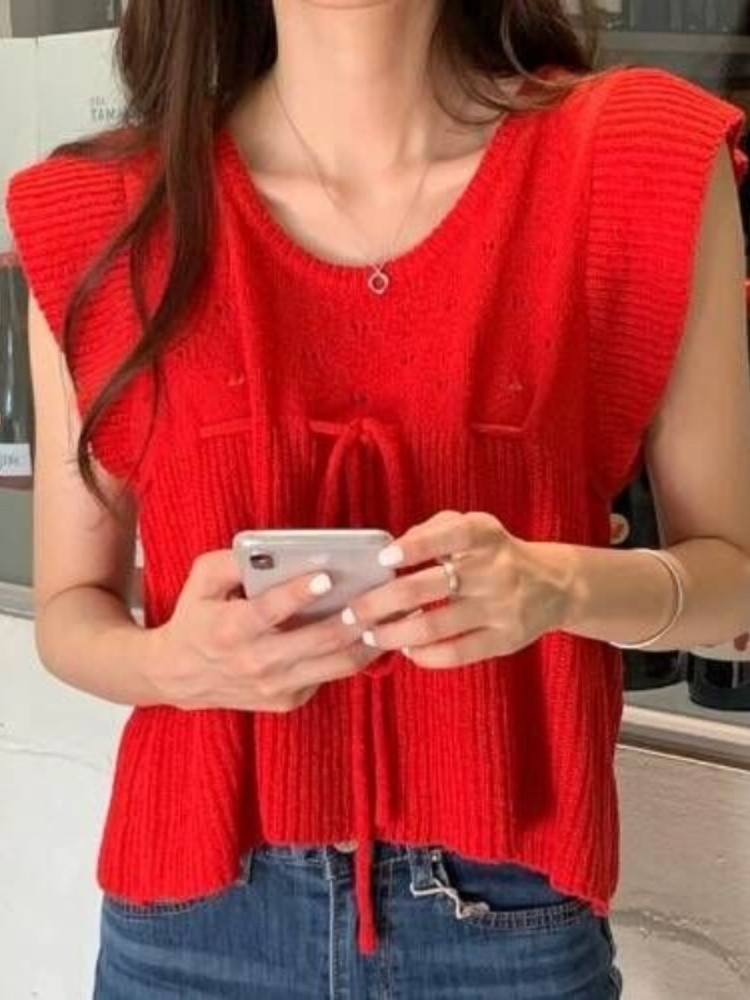 新款韩版夏季小众气质短袖针织衫女装抽绳设计感宽松上衣