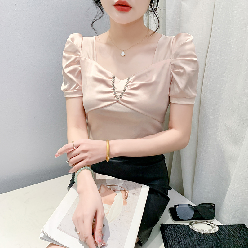 RY2178# 时尚夏季洋气带钻方领纯色泡泡短袖t恤女设计感收腰显瘦百搭上...